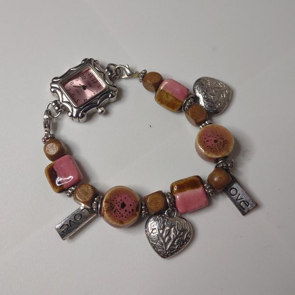 Very Awesome Pink And Silver Tone Beaded Stretch Watch - Picture 1 of 12